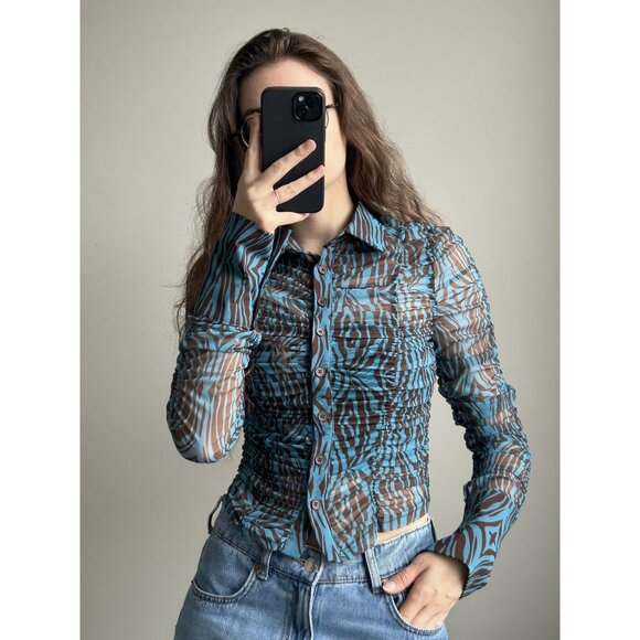 Akira Blue & Brown Zebra Print Ruched Blouse Size Small – Bold Animal Print Top - Picture 1 of 7